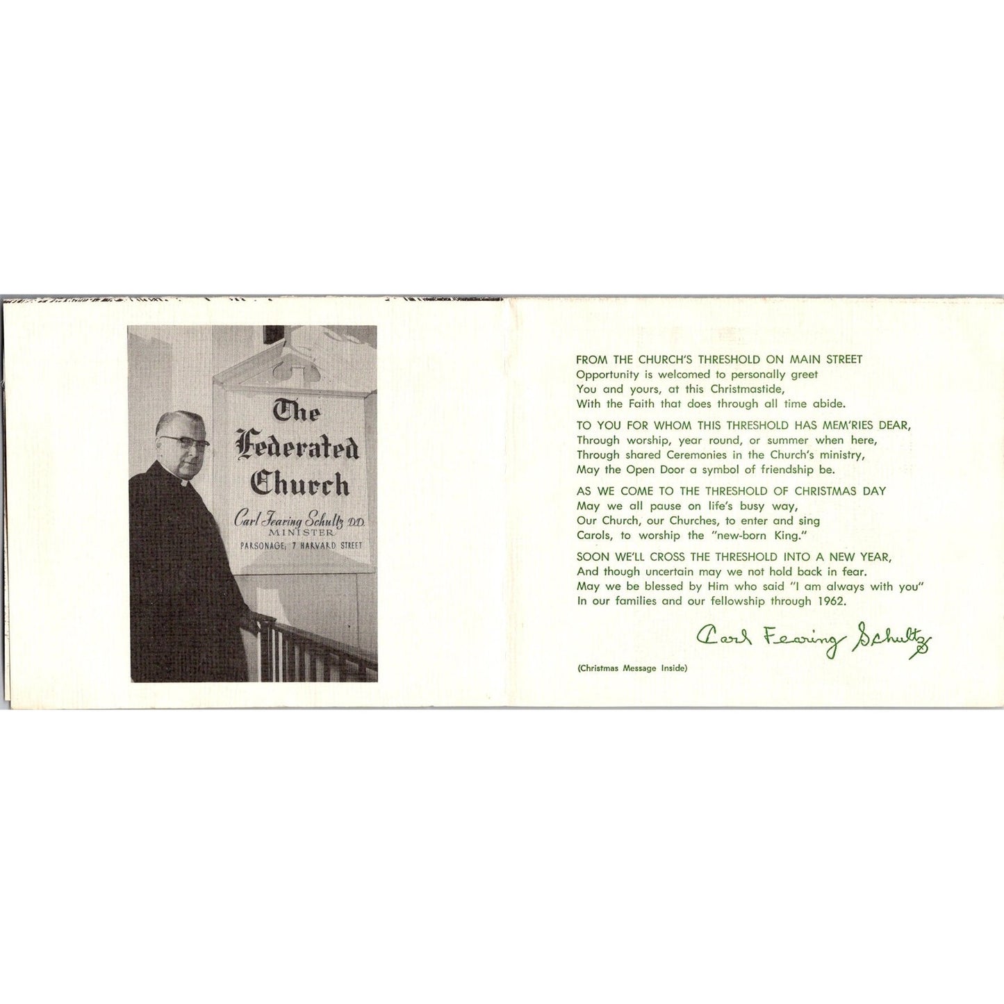 Federated Church Carl Fearing Schultz Cambridge MA 1961 Christmas Card AI9-H3