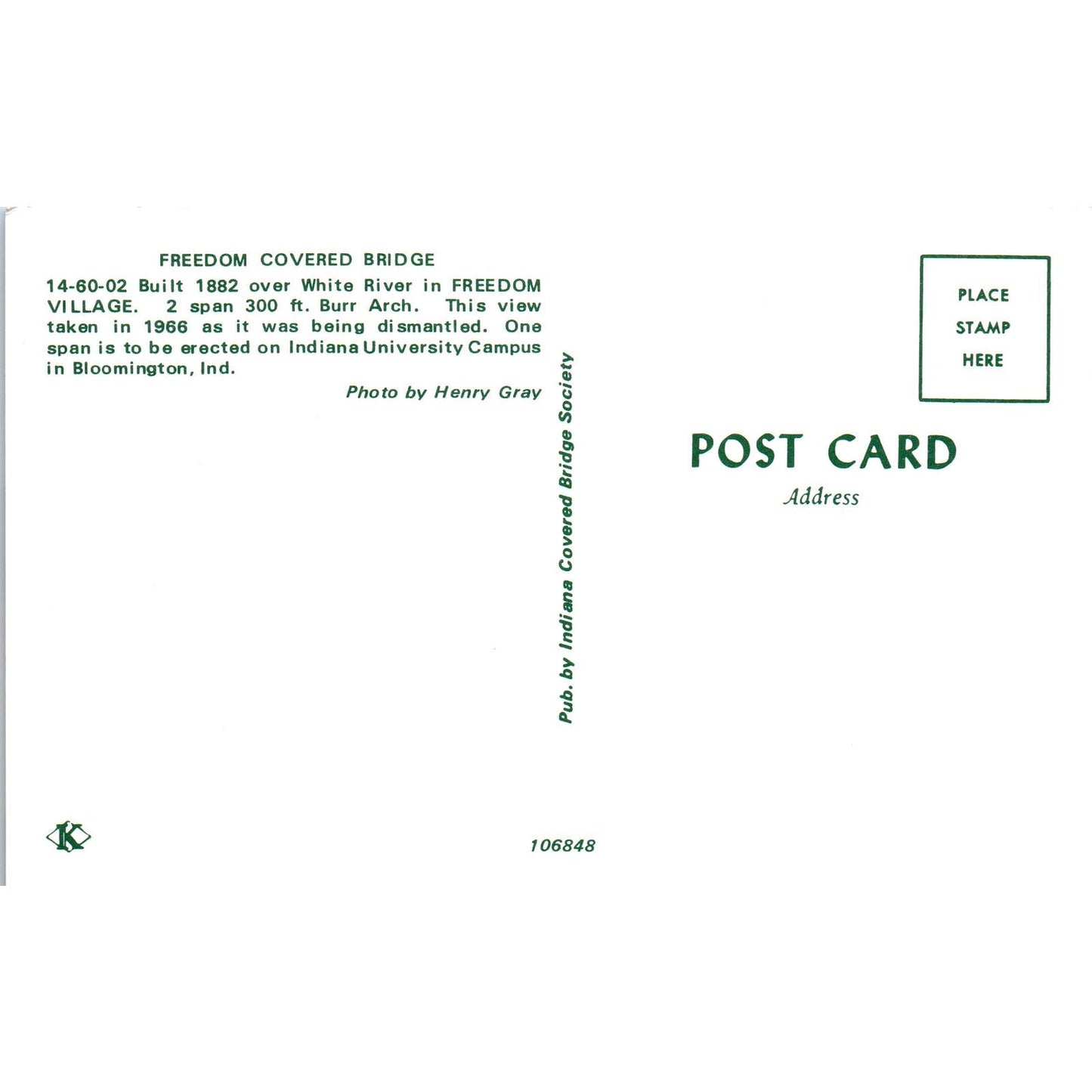 Freedom Village Bridge Bloomington IN Vintage Covered Bridge Postcard PD6