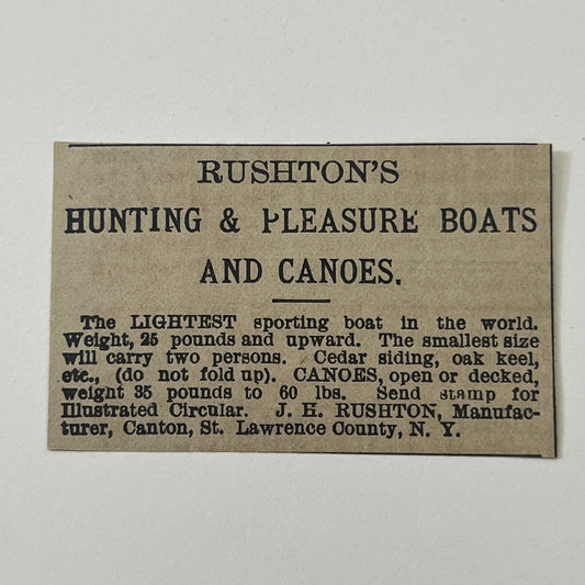 J.H. Rushton's Hunting & Pleasure Boats and Canoes Canton NY 1878 Ad AG2-M15