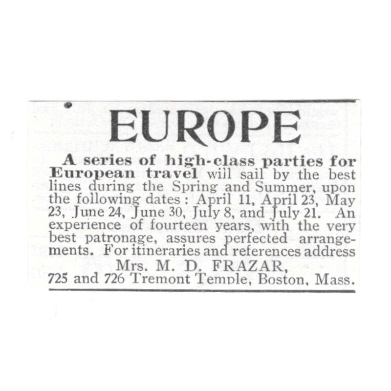 High Class Parties for European Travel Mrs M.D. Frazar Boston MA 1903 Ad AF8-S35