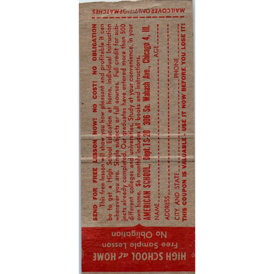 High School at Home John W. Studebaker American School Matchbook Cover SD2-Y15