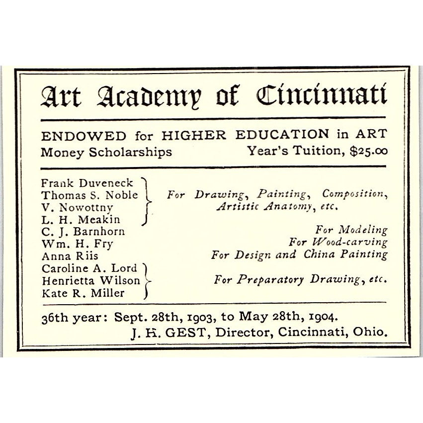 The Art Academy of Cincinnati J.H. Gest - 1904 Ad AF5-6