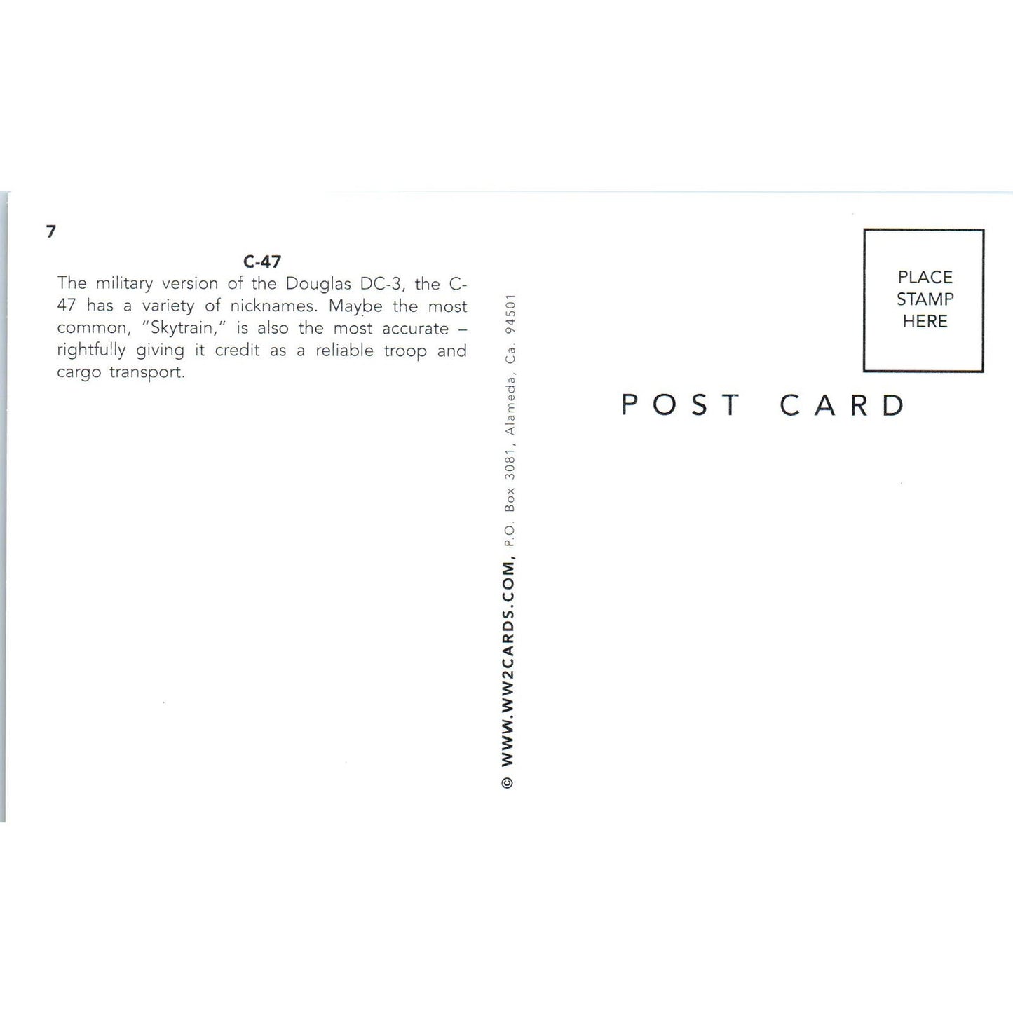 C-47 Skytrain Troop and Cargo Transport Plane Vintage Postcard PC19