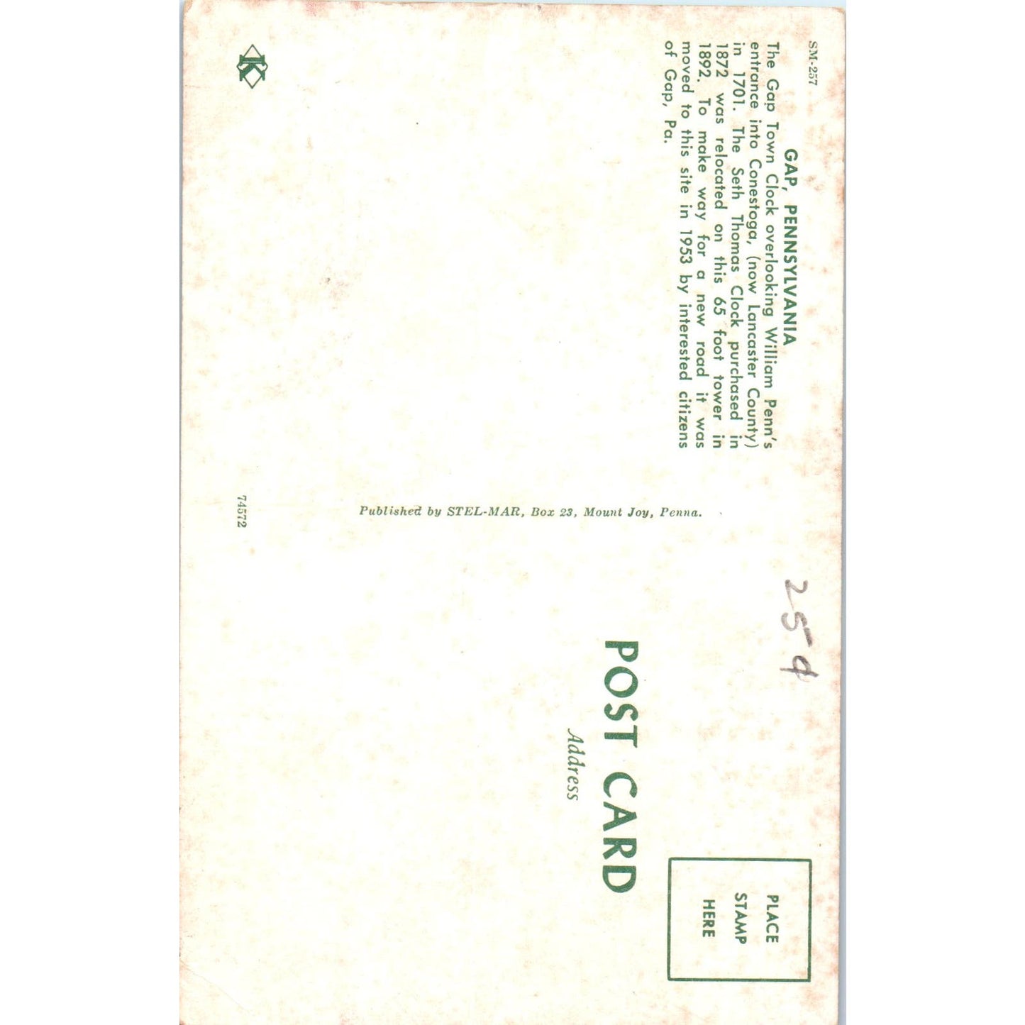 Gap PA Town Clock Pennsylvania Dutch Country Postcard PD7