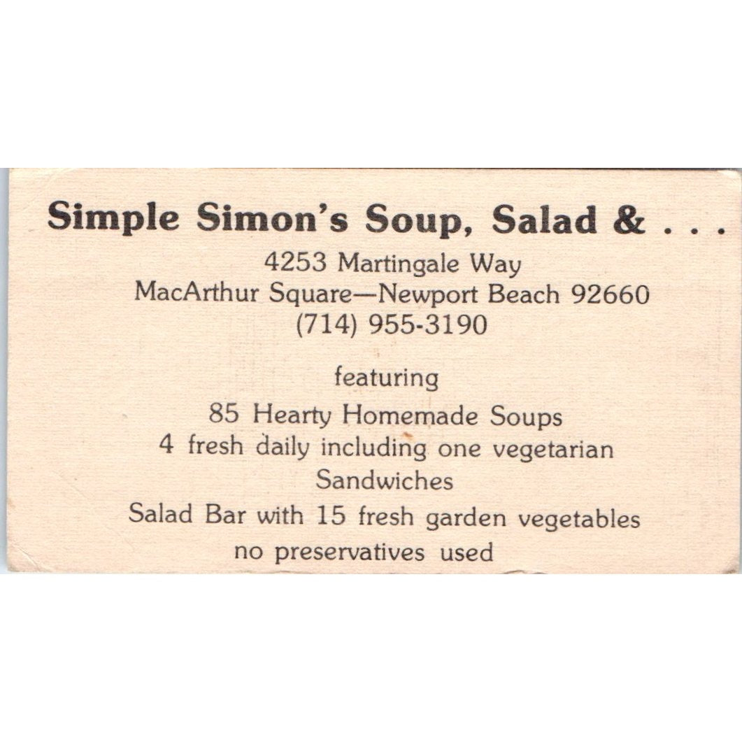 Simple Simon's Soup MacArthur Square Newport Beach Vintage Business Card SD8-B6