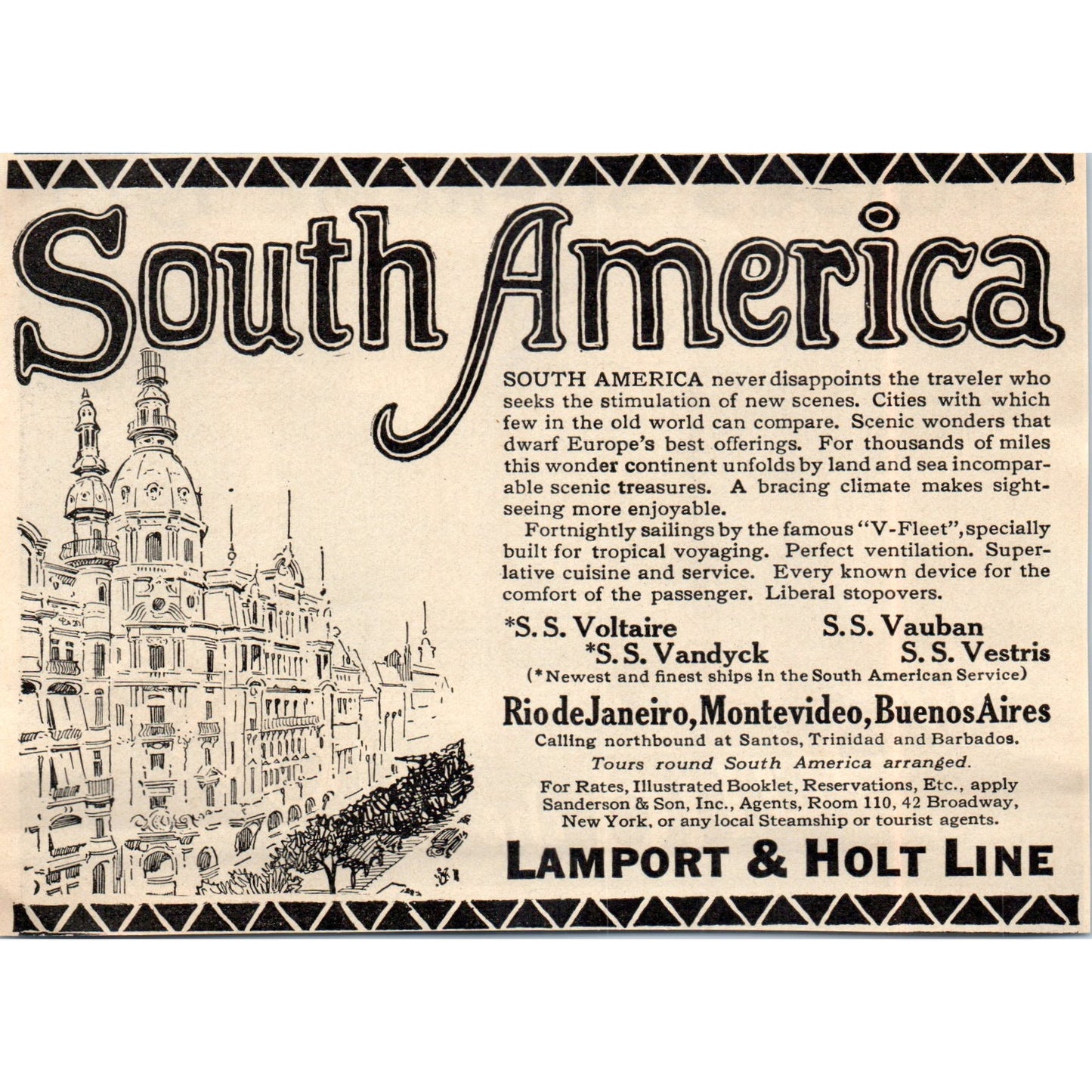 South America SS Voltaire Vauban Vandyck Vestris Lamport & Holt 1924 Ad AF2-A1
