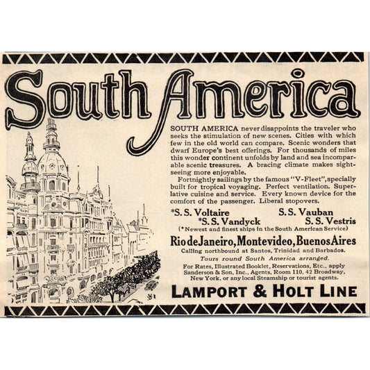 South America SS Voltaire Vauban Vandyck Vestris Lamport & Holt 1924 Ad AF2-A1