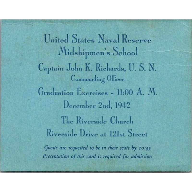 1942 WWII US Naval Reserve Midshipmen's School Graduation Invitation AI9-M26