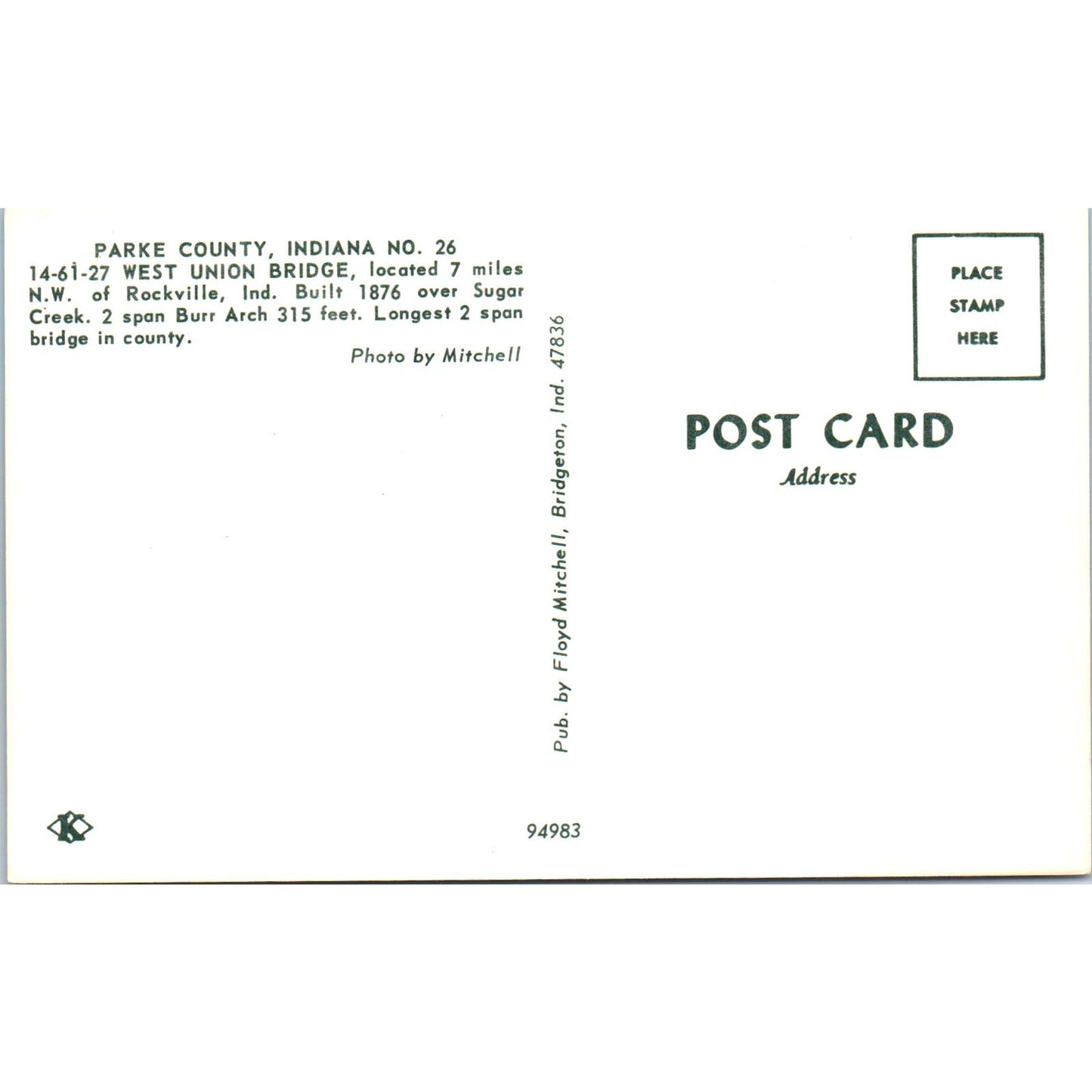 Parke County Indiana #26 West Union Covered Bridge Postcard PC5