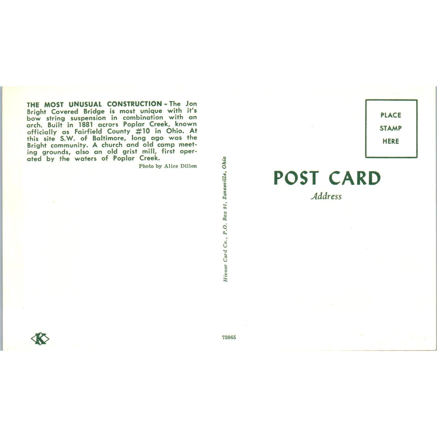 Jon Bright Bridge Fairfield County 10 Baltimore OH Covered Bridge Postcard PC16