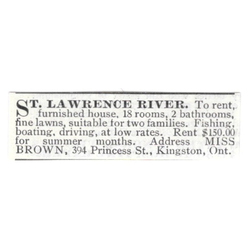 St. Lawrence River 18 Room House Miss Brown Kingston Ontario 1903 Ad AF8-S42