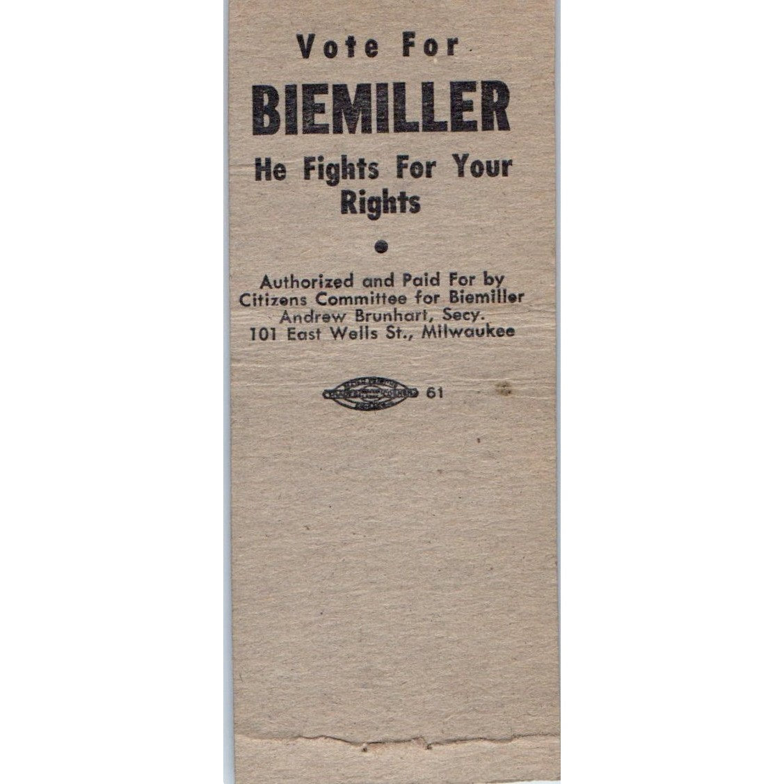 Arthur Biemiller for Congress Democrat WI Vintage Matchbook Cover SF4-Y5