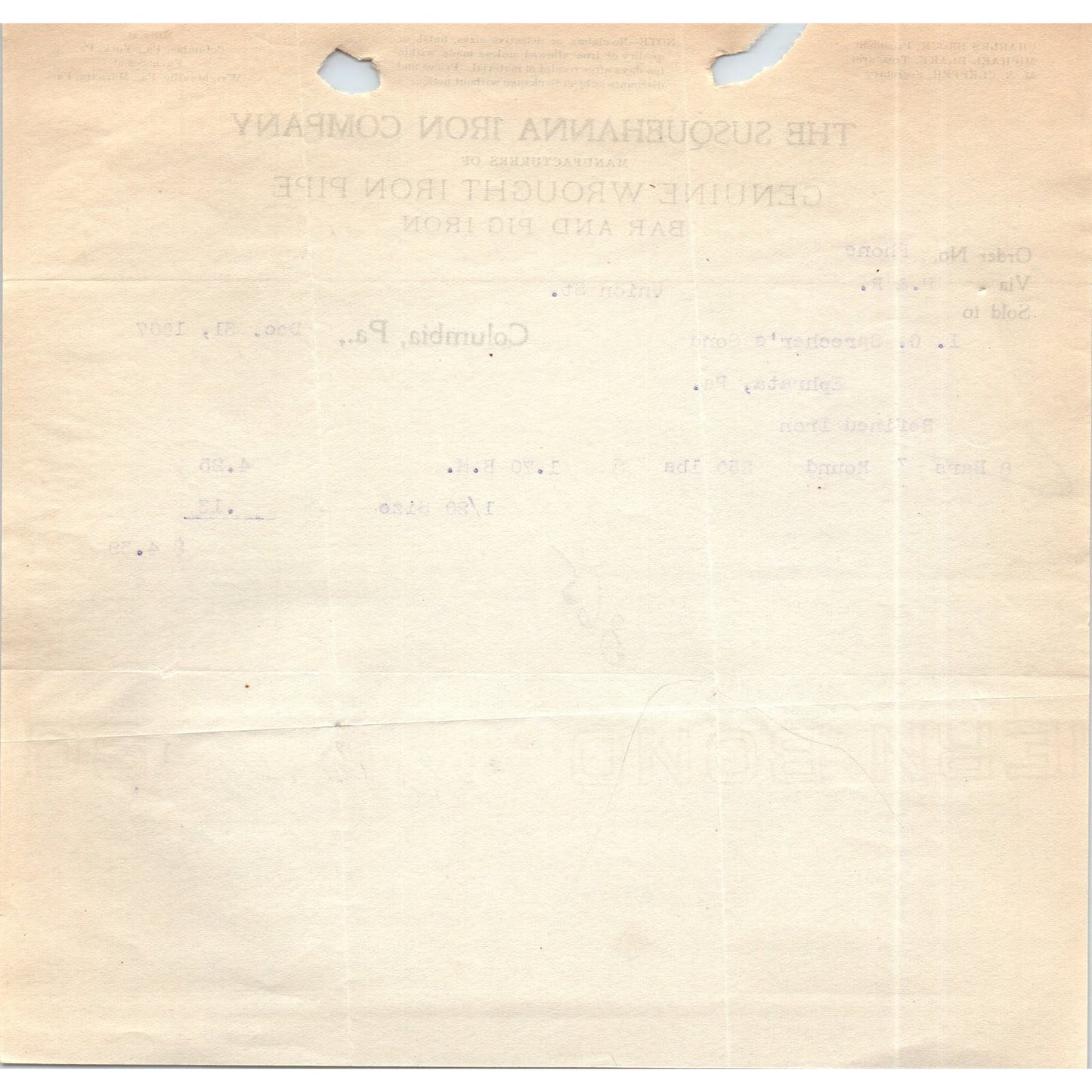 1907 The Susquehanna Iron Company Columbia PA Letterhead Billhead Receipt D11