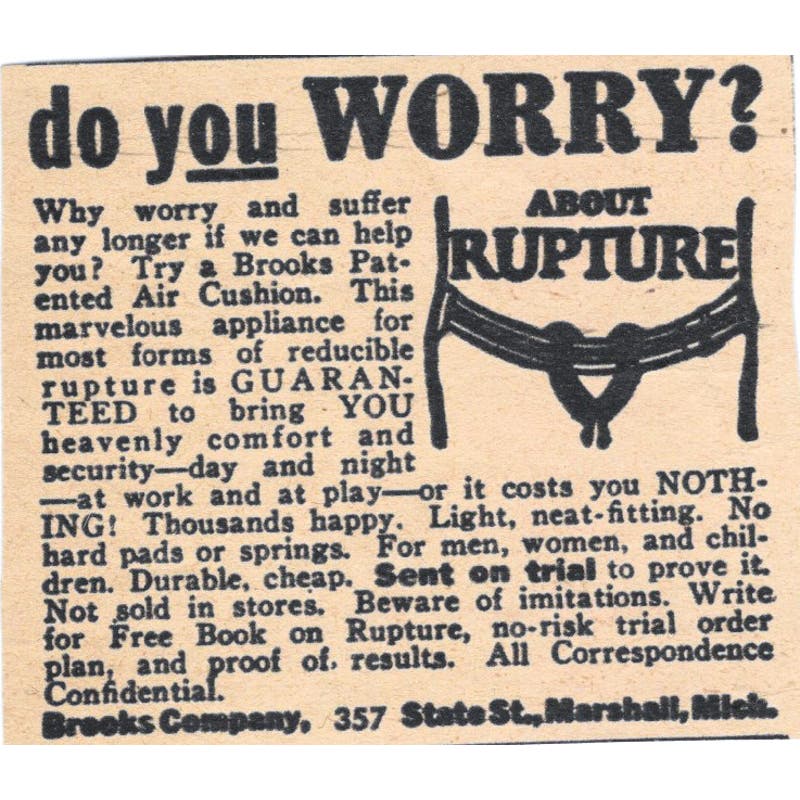 Brooks Company Appliance Relieves Ruptures Hernia 1943 Magazine Ad AB9-NPG