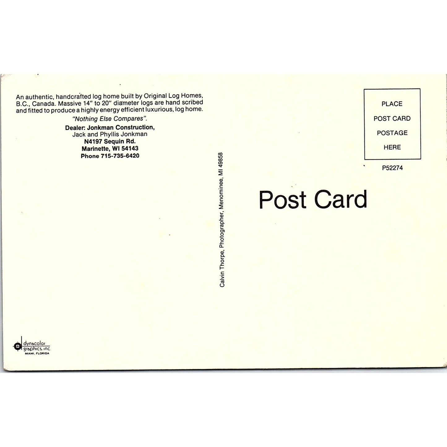 Jonkman Construction Log Home Marinette WI Vintage Postcard AF9-H2