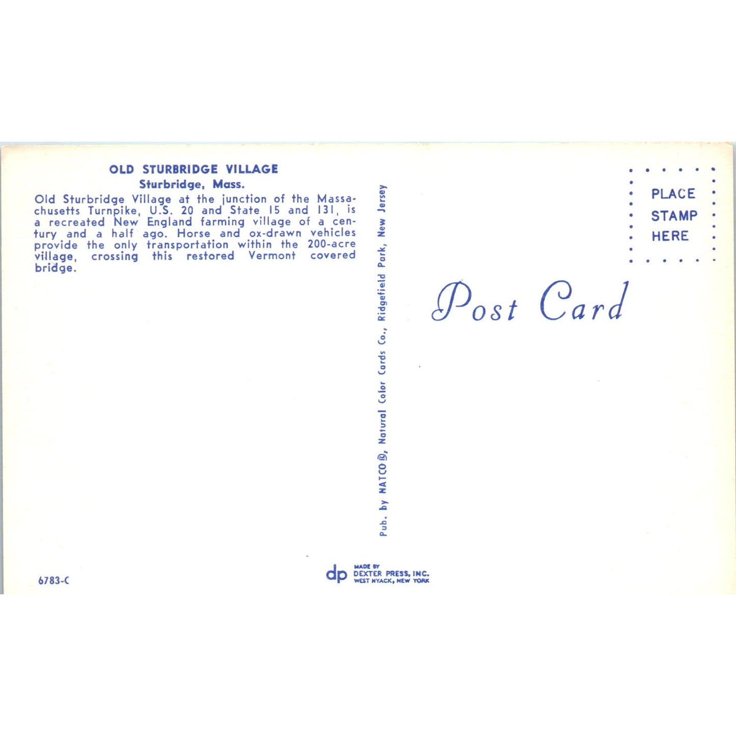 Old Sturbridge Village Sturbridge Mass Covered Bridge Postcard PB12