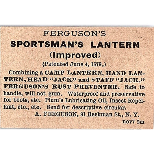 Ferguson's Sportsman's Lantern A. Ferguson 81 Beekman St NY 1878 Ad AG2-M15