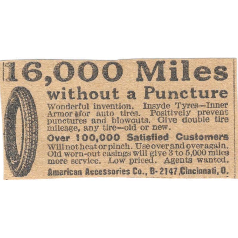 Insyde Tyres Inner Armor for Auto Tires Cincinnati OH 1923 Magazine Ad AE1-7