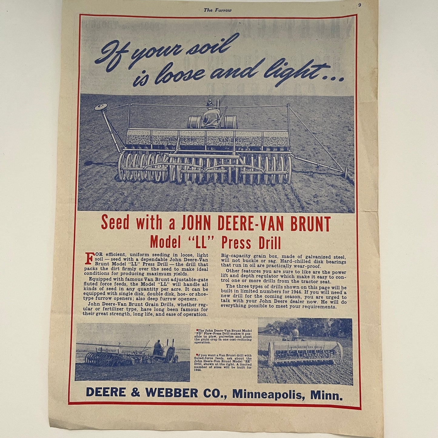 John Deere Van Brunt Press Drill Deere & Webber Minneapolis 1944 WWII Ad V26-4