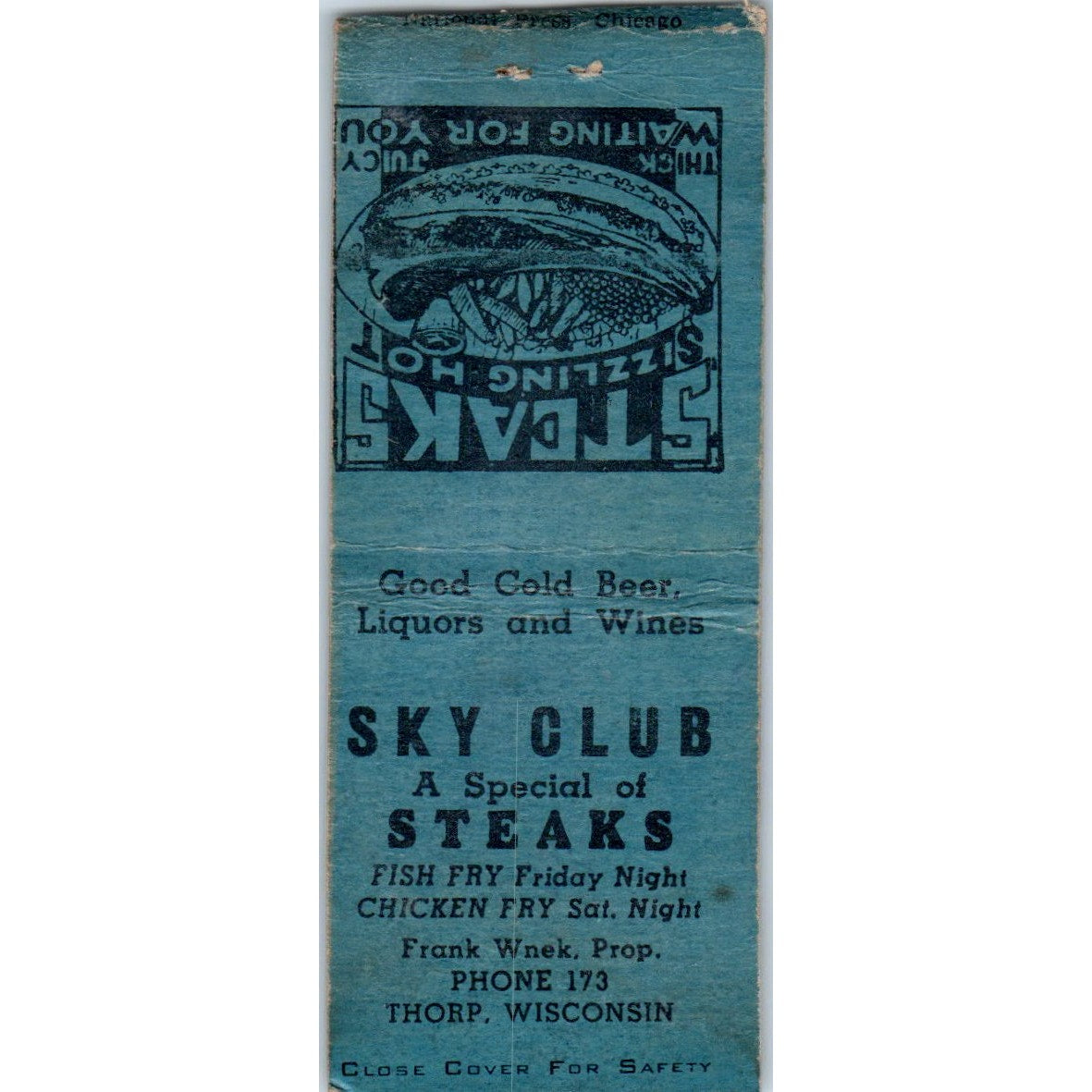 Sky Club Frank Wnek Thorp Wisconsin Vintage Matchbook Cover SD4-Y12