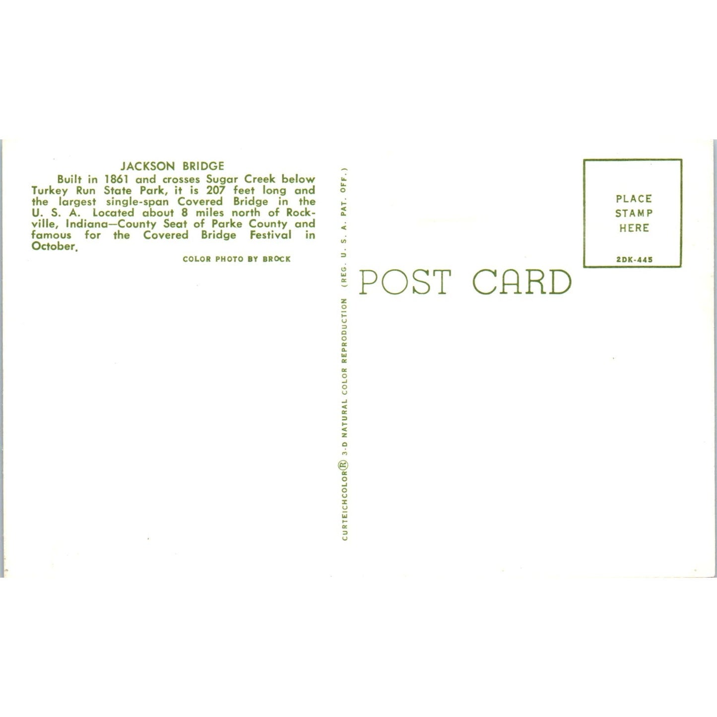 Jackson Bridge Turkey Run State Park Rockville IN Covered Bridge Postcard PD1
