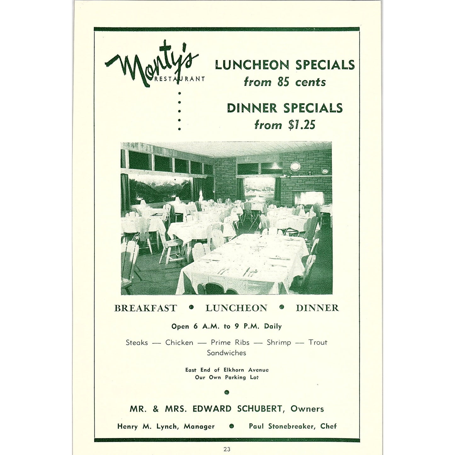 Monty's Restaurant Edward Schubert Henry M Lynch 1957 Estes Park CO Ad AG4-1