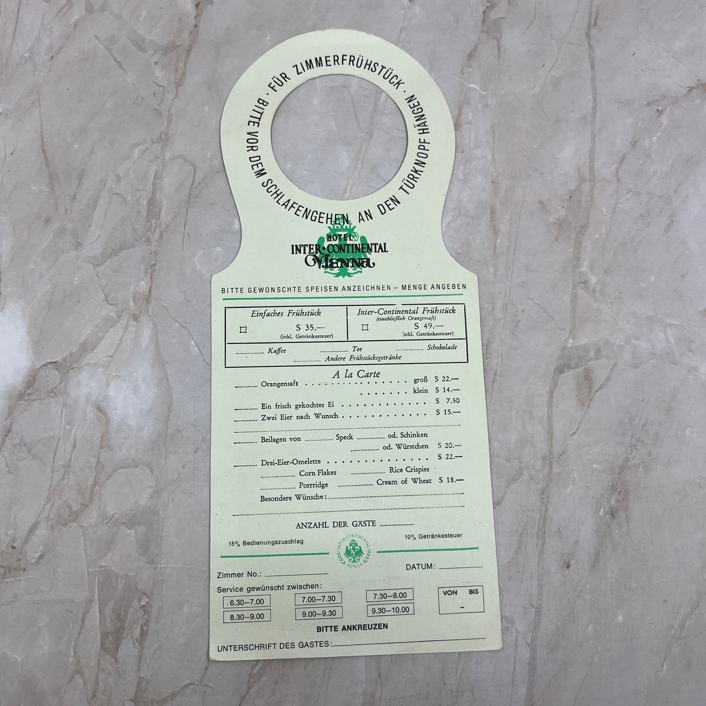 Vintage Hotel Intercontinental Vienna Door Hang Tag AE4