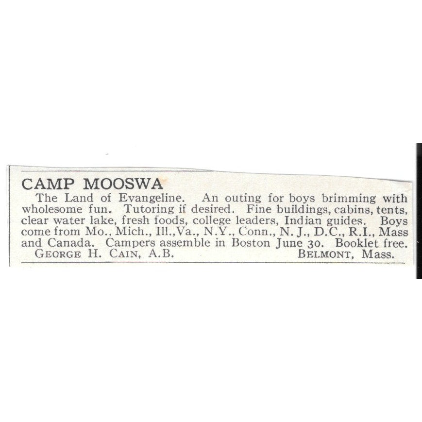 Camp Mooswa Belmont MA George H. Cain c1920 Harper’s Magazine Ad SAG4-S3