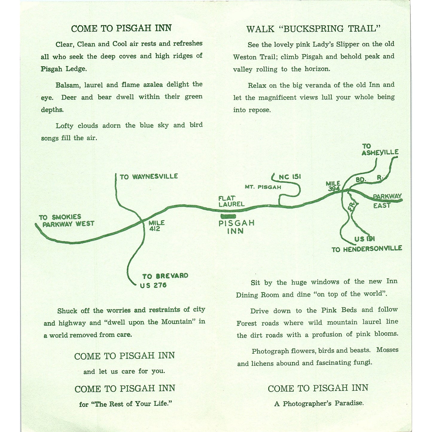 Peak of the Parkway Pisgah Inn Canton NC 1960s Travel Brochure TH2-TB3