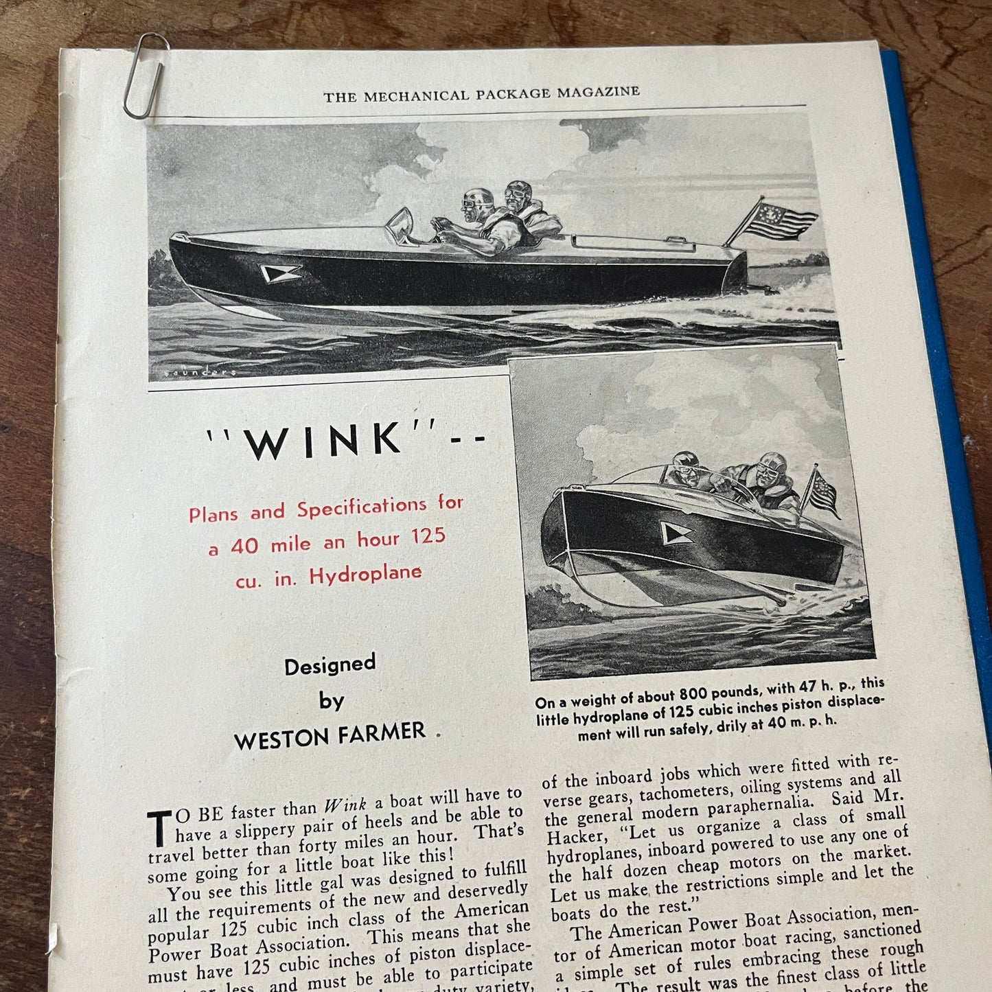 Plans & Specs for 40mph Hydroplane Weston Farmer 4 Pages 1931 Article AG1-13