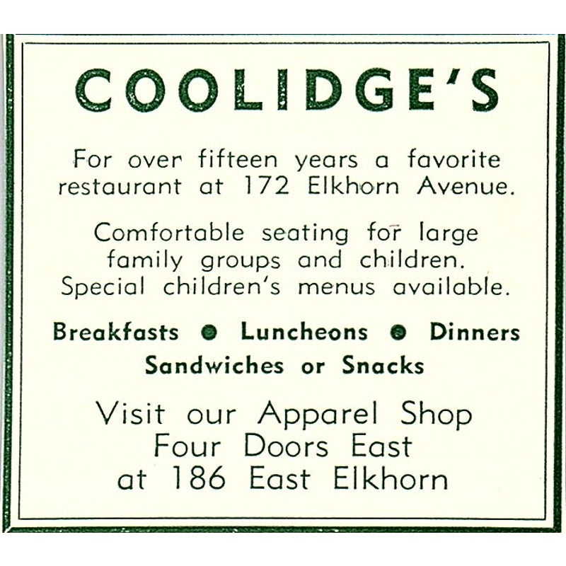 Coolidge's Restaurant 186 E Elkhorn 1957 Estes Park CO Ad AG4-S10