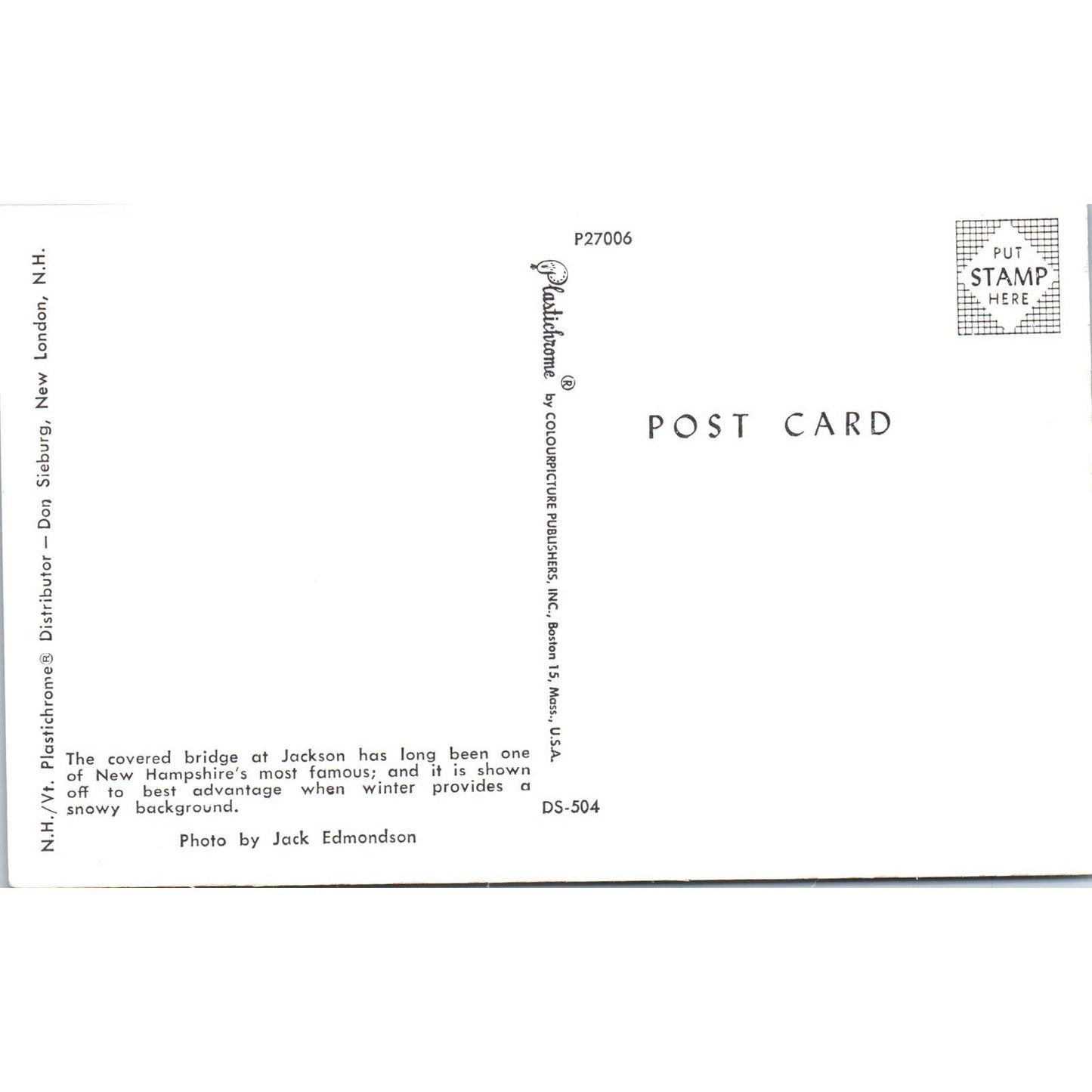 Jackson Covered Bridge in Winter New Hampshire Covered Bridge Postcard PC5