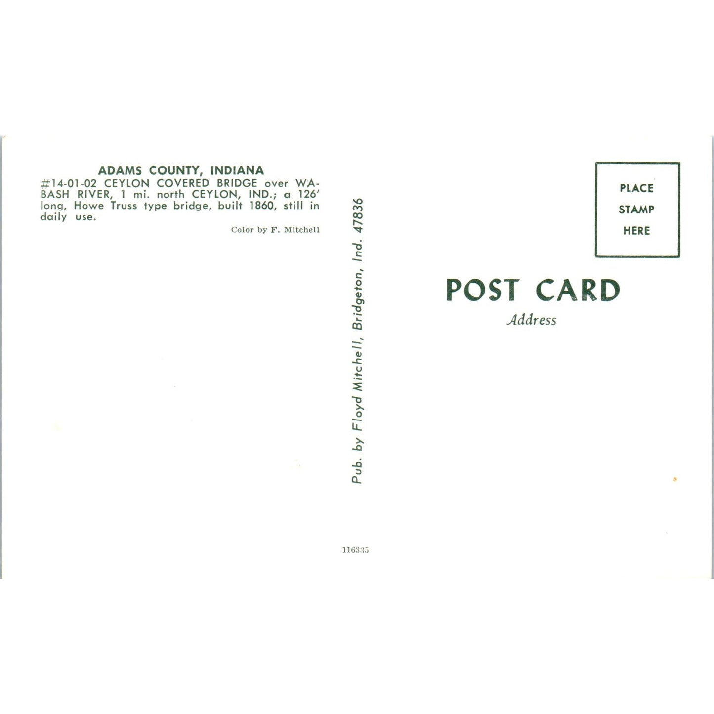 Ceylon Bridge Wabash River Adams County Indiana Covered Bridge Postcard PB13