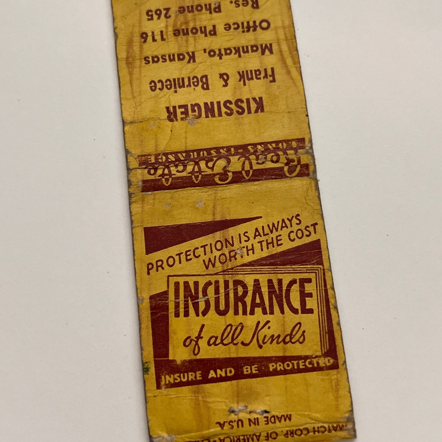 Kissinger Ins Frank & Bernice Mankato Kansas Vintage Matchbook TB6-MB2-15