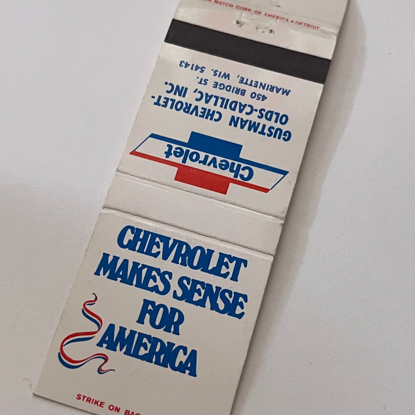 Gustman Chevrolet-Olds-Cadillac Marinette WI Vintage Matchbook Cover TB6-MB2-1
