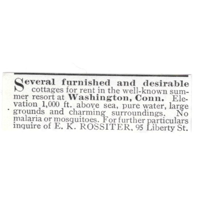 Washington CT Cottages to Rent E.K. Rossiter 1903 Ad AF8-S44