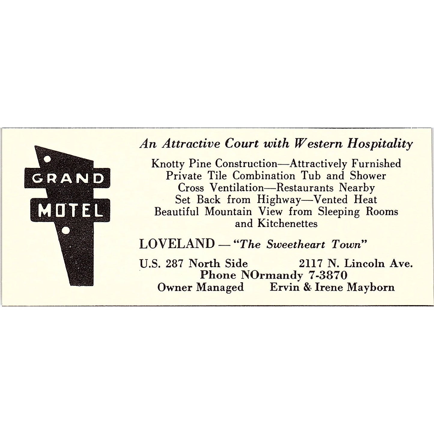 Grand Motel Ervin & Irene Mayborn Loveland CO 1958 Ad AG1-M2