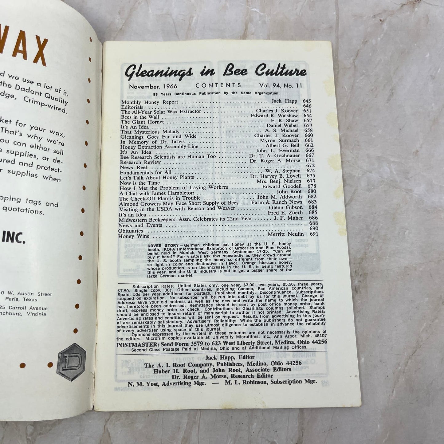 1966 Nov Gleanings in Bee Culture Magazine Bees Beekeeping Honey TD7