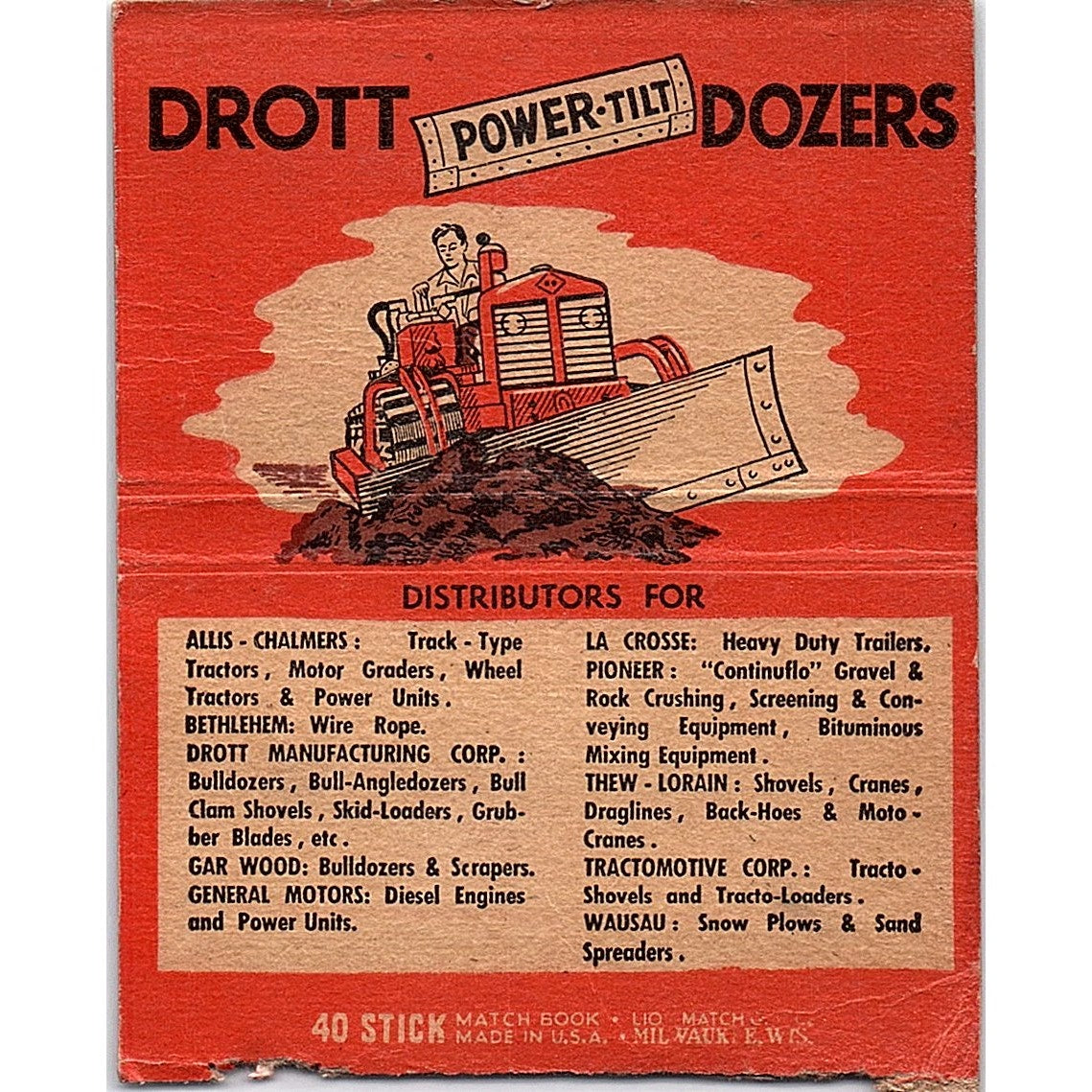 Drott Tractor Co Inc Milwaukee Rice Lake Iron River Large Matchbook Cover TH2-Y4