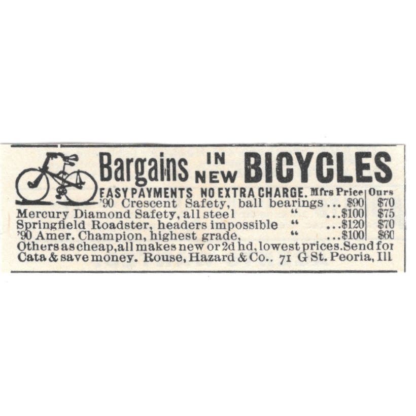 Bargain Bicycles Rose, Hazard & Co Peoria IL c1890 Victorian Ad AE9-CH1