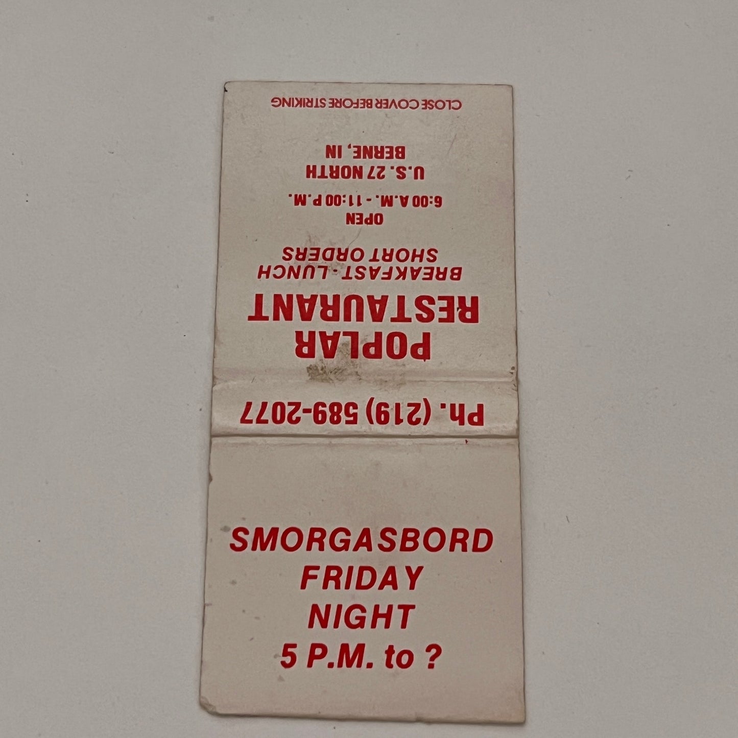 Poplar Restaurant Smorgasbord Berne IN Vintage Matchbook MB59-1