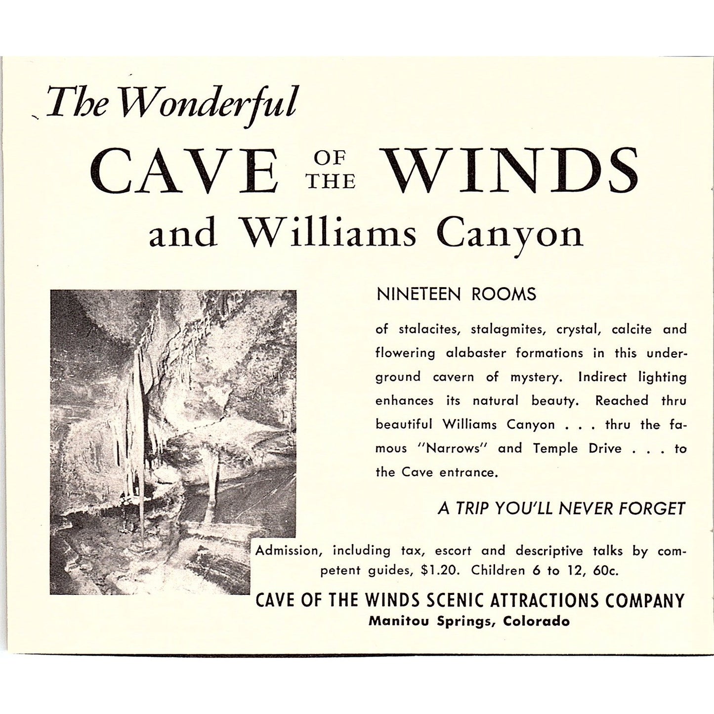 Cave of the Winds and Williams Canyon Manitou Springs CO 1958 Ad AG1-H4