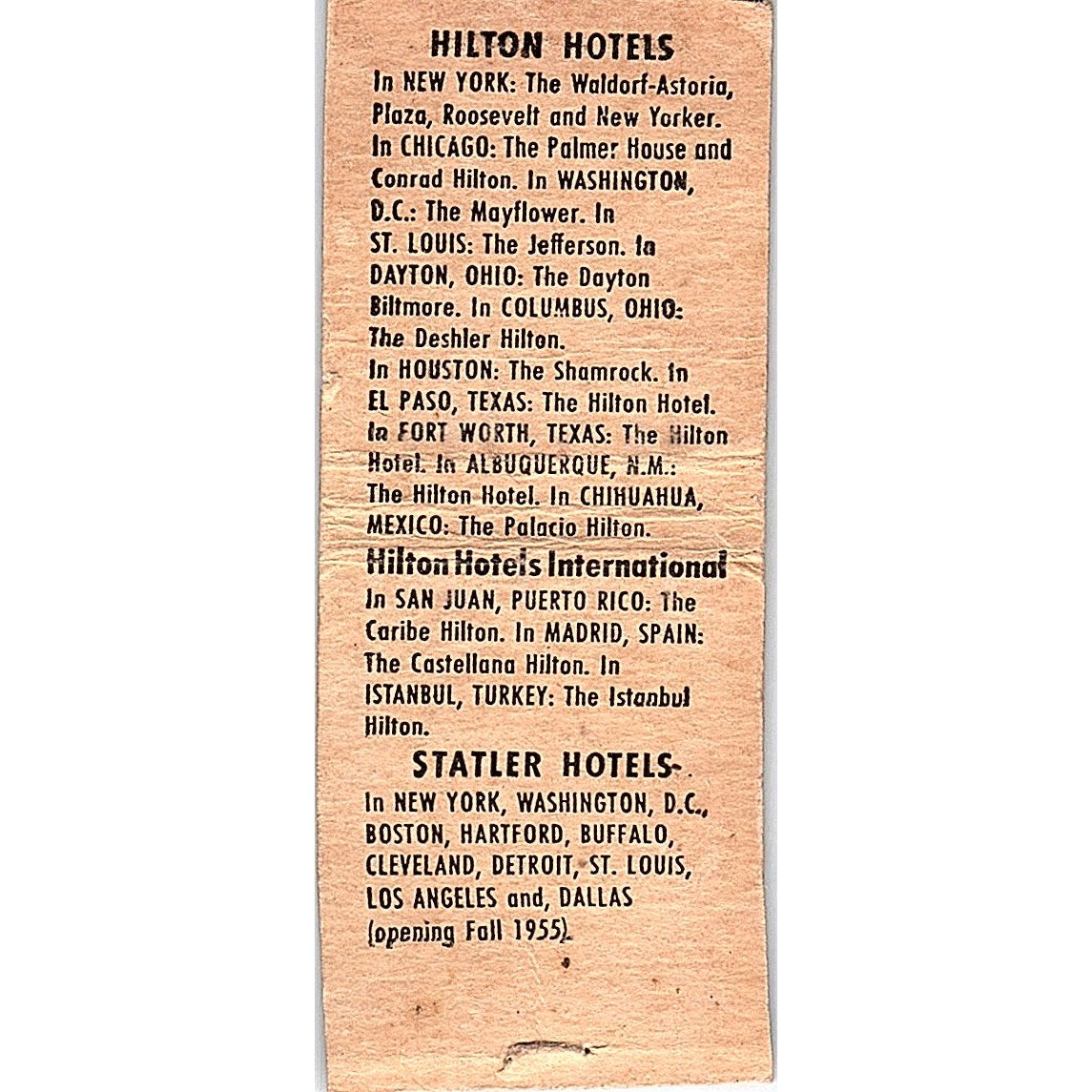 Hotel Statler Hilton Hotels Vintage Matchbook Cover SC7-Y8