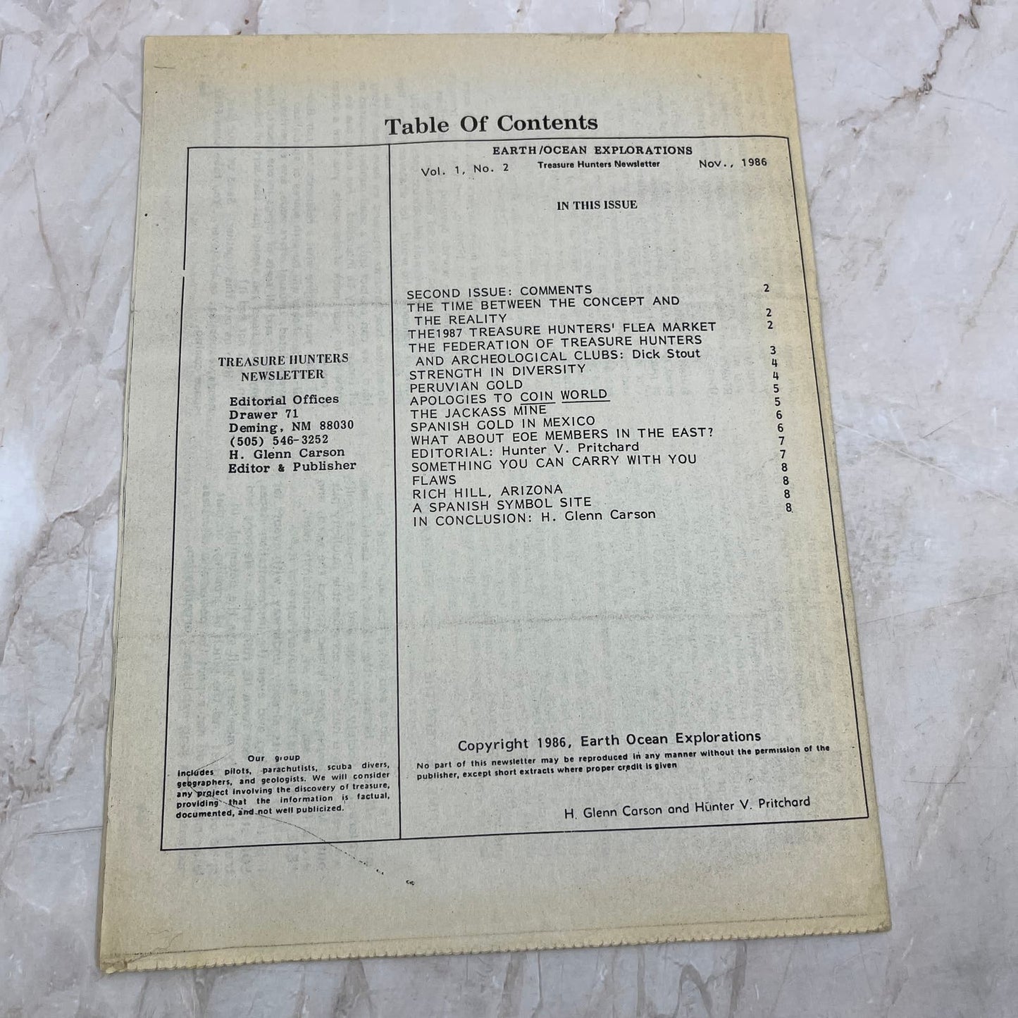 1986 Nov - Treasure Hunters Newsletter - Earth/Ocean Explorations Boulder CO M11