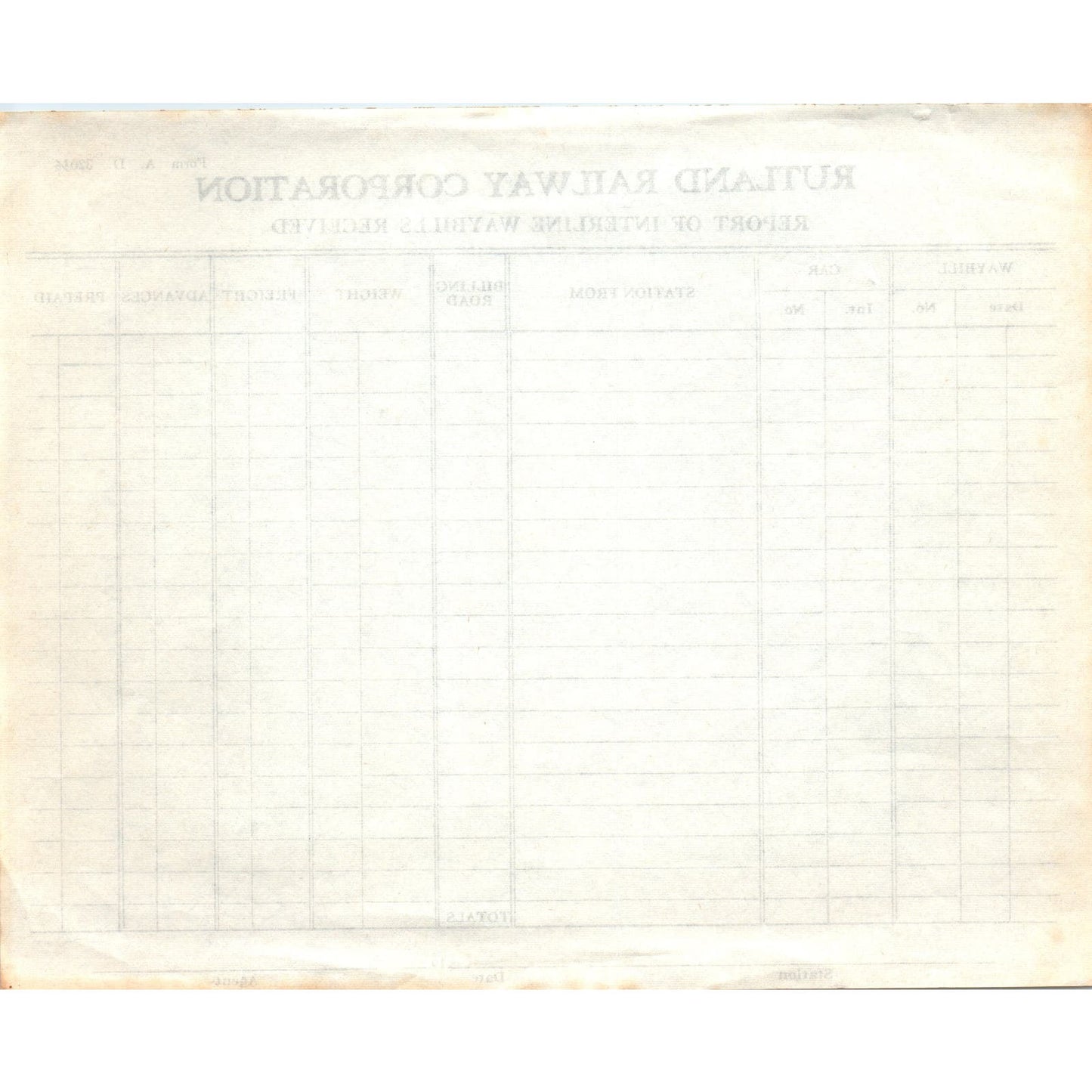 Rutland Railway Corporation Report of Interline Waybills Received Form AE9-X3