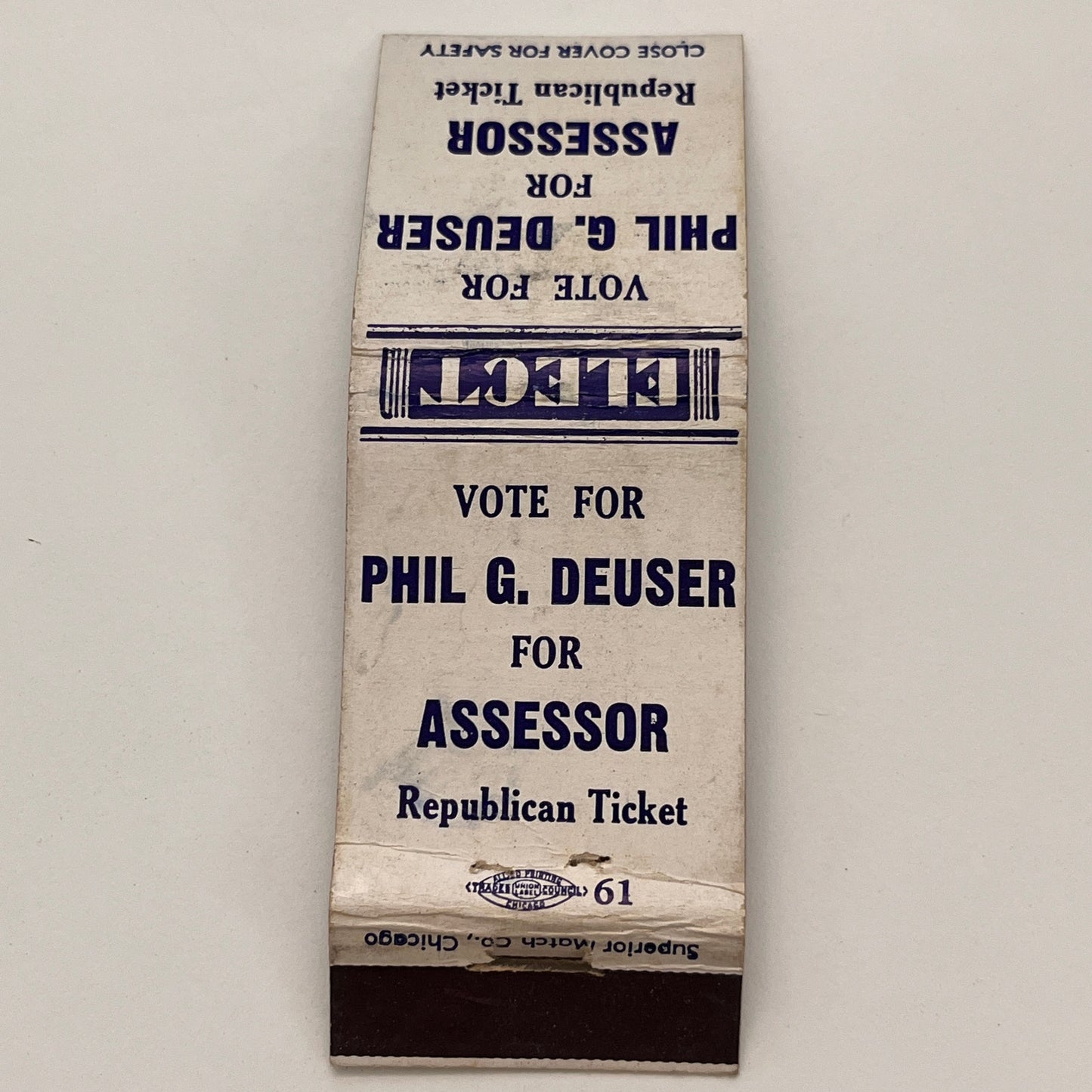 Vote Phil G. Deuser for Assessor Republican Vintage Matchbook TB6-MB2-15