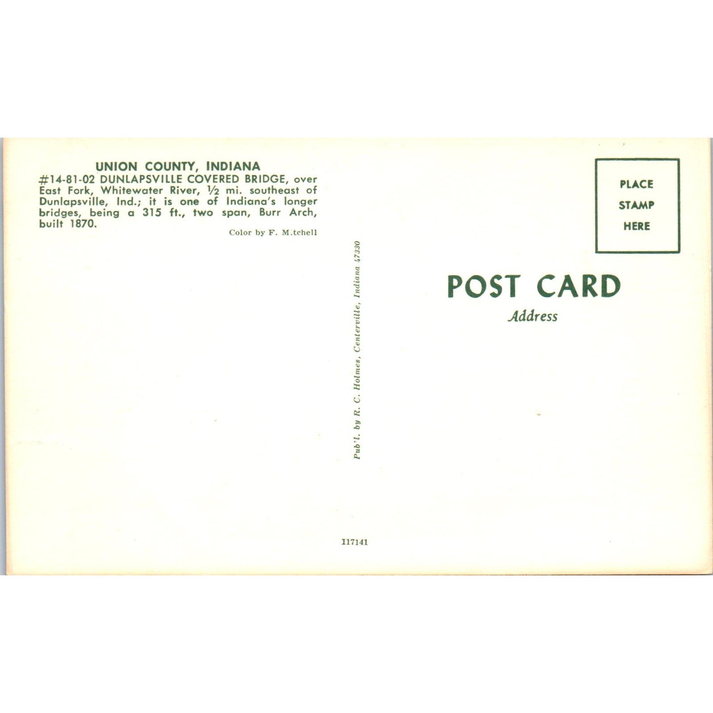 Union County Indiana Dunlapsville Whitewater River Covered Bridge Postcard PC6