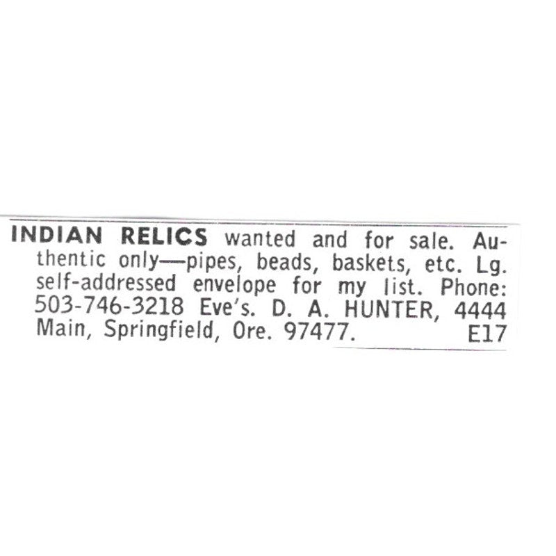 D. A. Hunter Indian Relics Springfield Oregon 1972 Ad AF8-S18