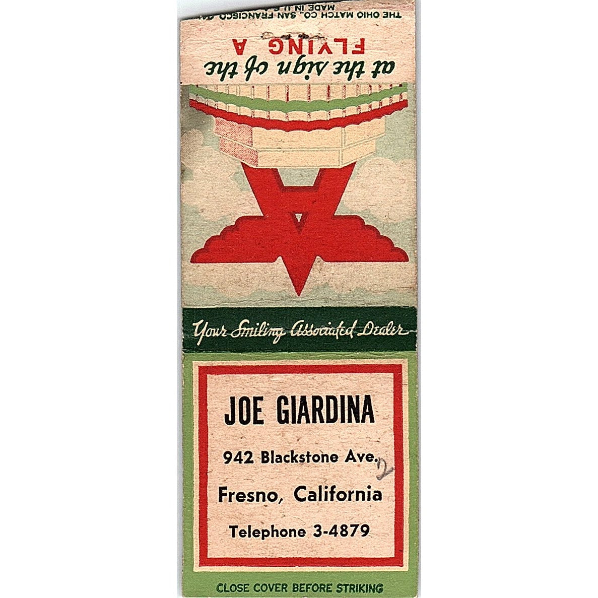 Joe Giardina Fresno CA Flying A Vintage Matchbook Cover SC7-Y6
