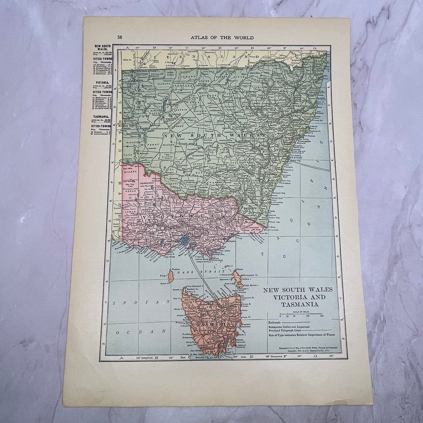 Map of Australia, New South Wales, Victoria, Tasmania Double Sided 1910 V14-7